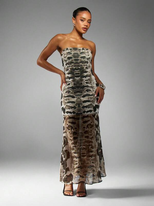 MISSGUIDED Snake Print Bandeau Maxi Dress With Sheer Hem