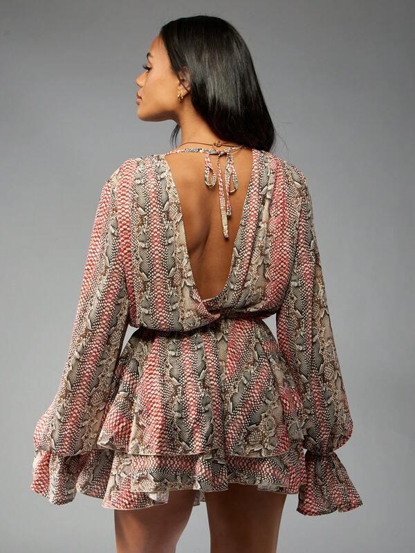 MISSGUIDED Snake Print Chiffon Mini Dress With Puff Sleeves