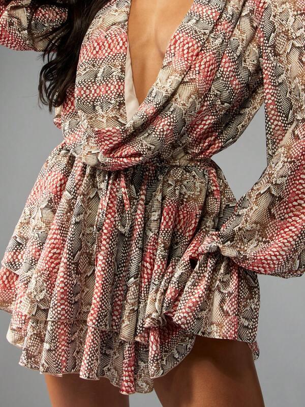 MISSGUIDED Snake Print Chiffon Mini Dress With Puff Sleeves