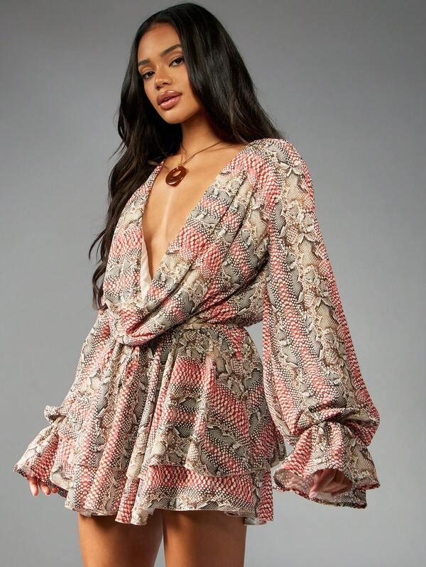 MISSGUIDED Snake Print Chiffon Mini Dress With Puff Sleeves