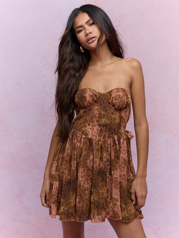 MISSGUIDED Snake Print Corset Bust Frill Bandeau Short Dress