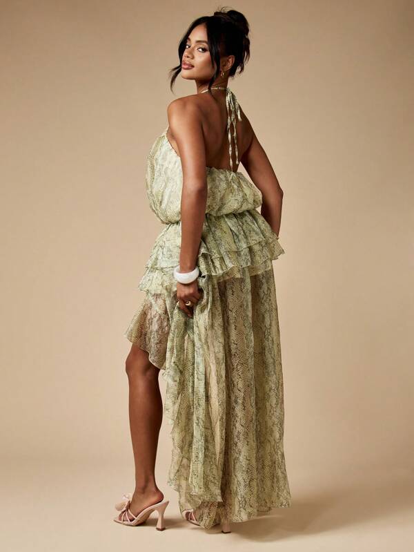 MISSGUIDED Snake Print High Low Halter Dress With Tiered Ruffles
