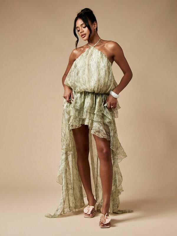 MISSGUIDED Snake Print High Low Halter Dress With Tiered Ruffles