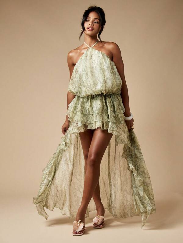 MISSGUIDED Snake Print High Low Halter Dress With Tiered Ruffles