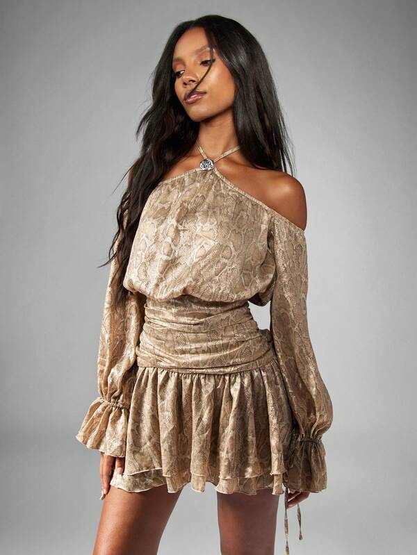 MISSGUIDED Snake Print Mini Dress With Puff Sleeves And Ruched Waist