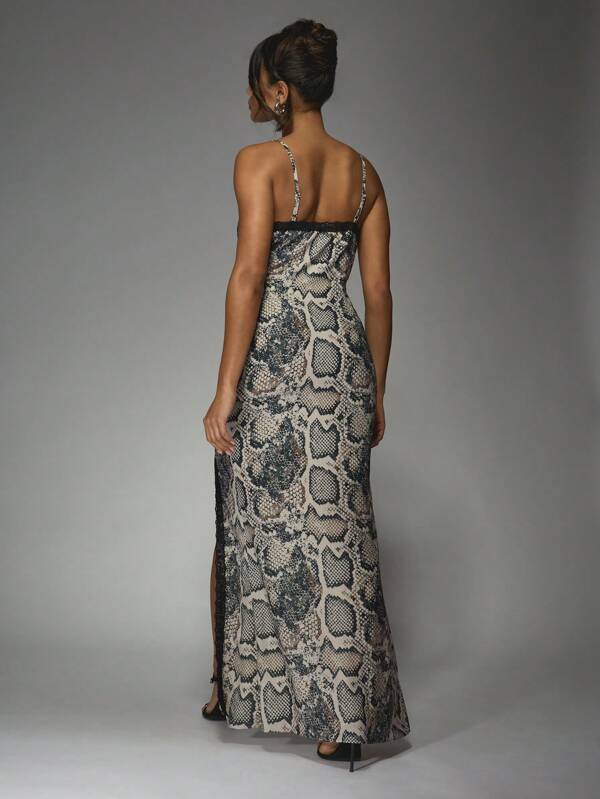 MISSGUIDED Snakeskin Print Maxi Dress With Lace Trim High Slit