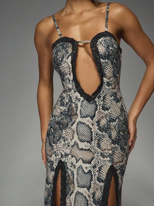 MISSGUIDED Snakeskin Print Maxi Dress With Lace Trim High Slit