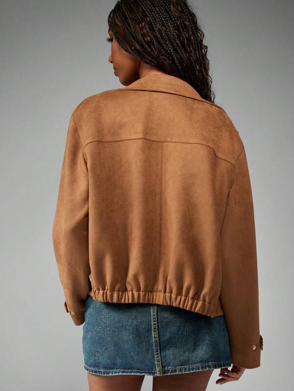 MISSGUIDED Soft Suede Bomber Cropped Jacket With Stand Collar