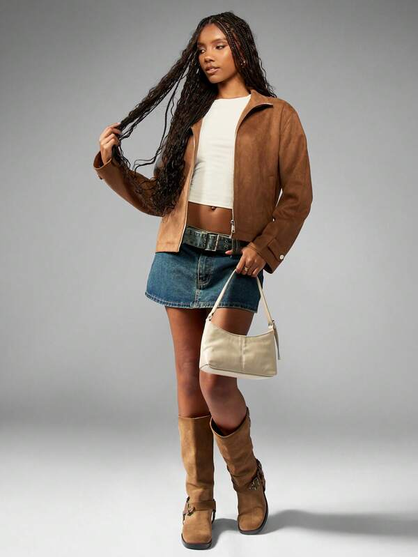 MISSGUIDED Soft Suede Bomber Cropped Jacket With Stand Collar