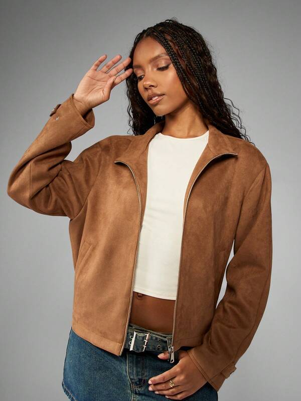 MISSGUIDED Soft Suede Bomber Cropped Jacket With Stand Collar