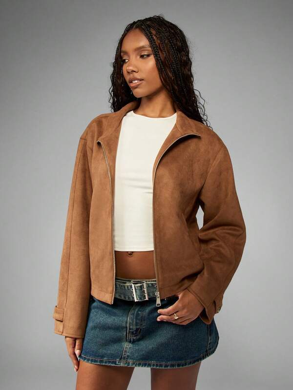 MISSGUIDED Soft Suede Bomber Cropped Jacket With Stand Collar