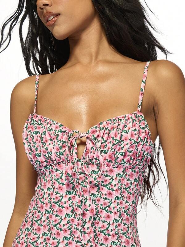MISSGUIDED Spaghetti Strap Mini Dress Floral Print Ruched Bust