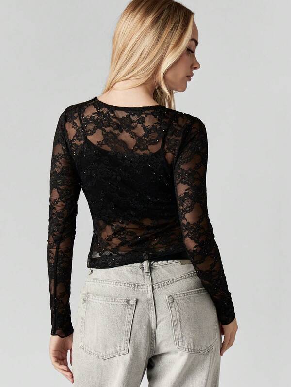 MISSGUIDED Sparkle Lace Long Sleeve Fitted Top