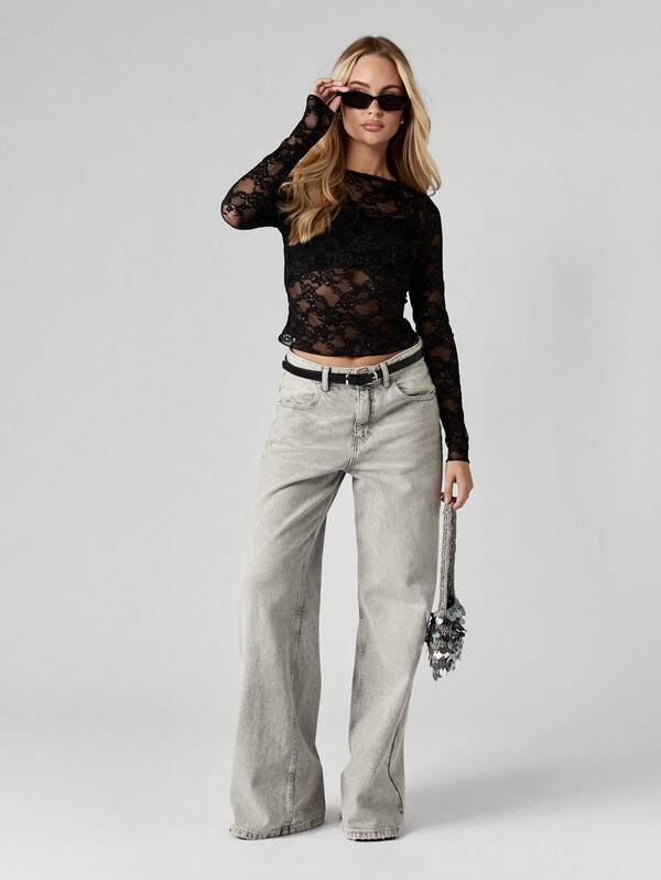 MISSGUIDED Sparkle Lace Long Sleeve Fitted Top