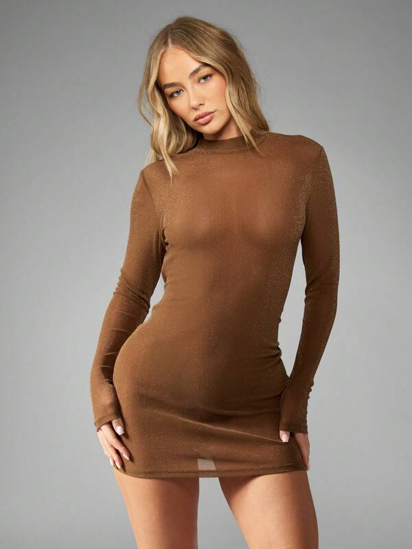 MISSGUIDED Sparkly Glitter Lurex High Neck Long Sleeve Mini Bodycon Dress
