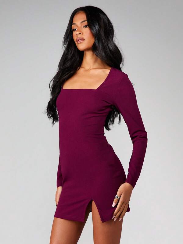 MISSGUIDED Square Neck Bodycon Mini Dress With Side Slit