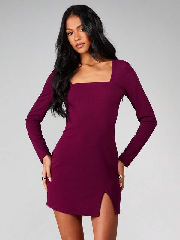 MISSGUIDED Square Neck Bodycon Mini Dress With Side Slit