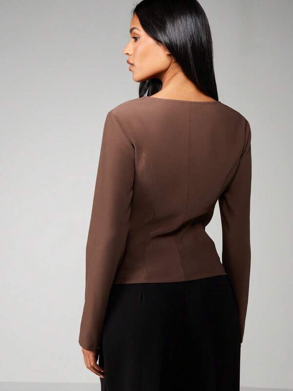 MISSGUIDED Square Neck Button Front Long Sleeve Blouse