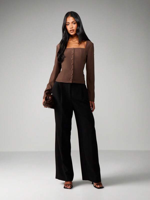 MISSGUIDED Square Neck Button Front Long Sleeve Blouse