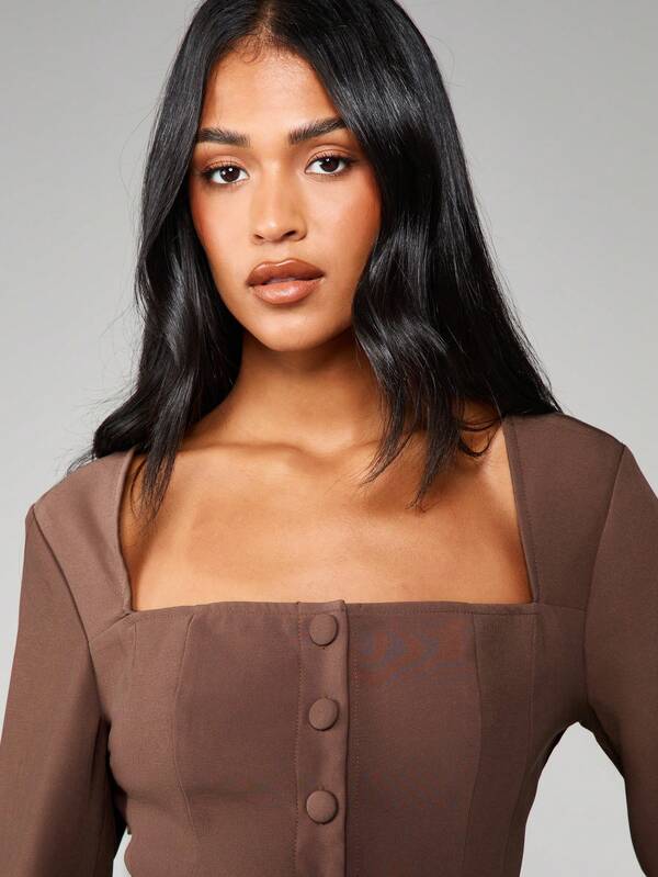 MISSGUIDED Square Neck Button Front Long Sleeve Blouse