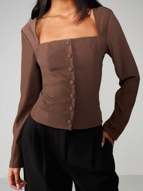 MISSGUIDED Square Neck Button Front Long Sleeve Blouse