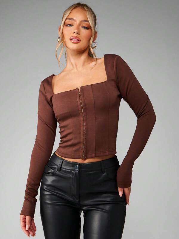 MISSGUIDED Square Neck Corset Top With Buttons And Panels