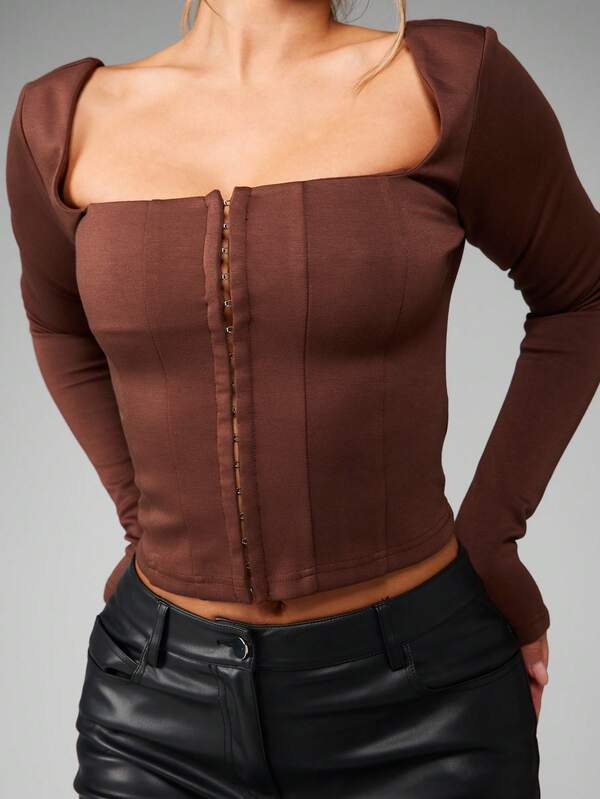 MISSGUIDED Square Neck Corset Top With Buttons And Panels