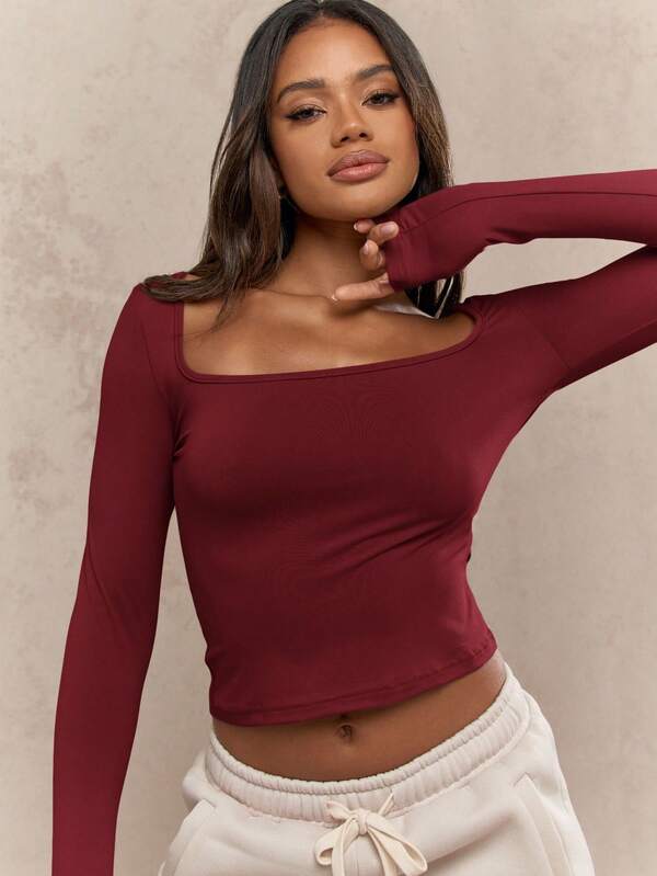 MISSGUIDED Square Neck Fitted Crop Top With Long Sleeves