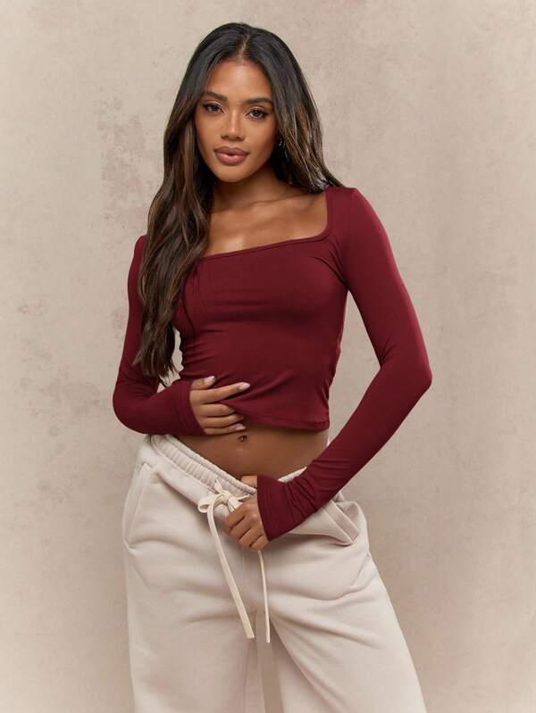 MISSGUIDED Square Neck Fitted Crop Top With Long Sleeves