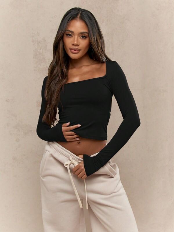 MISSGUIDED Square Neck Fitted Crop Top With Long Sleeves