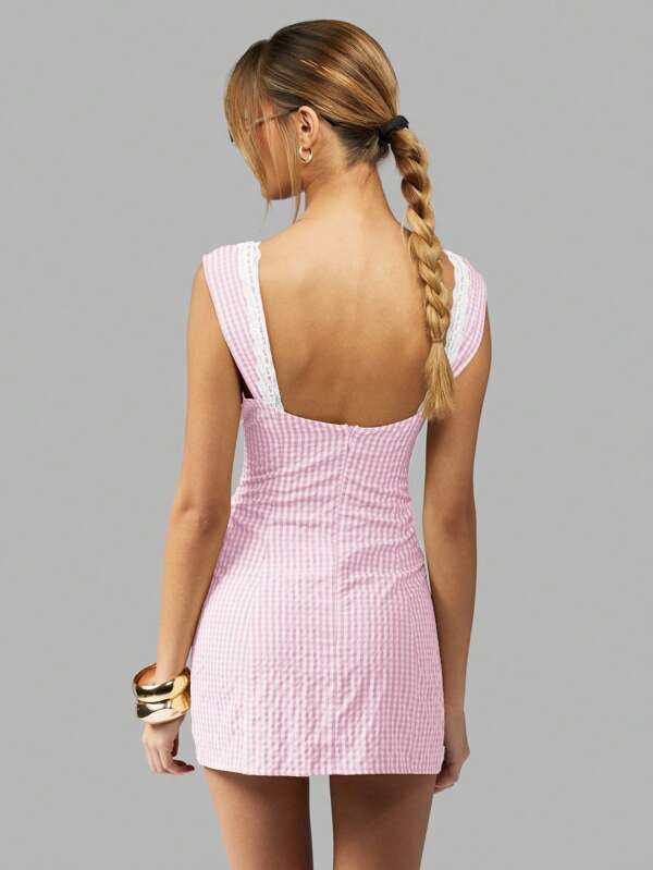 MISSGUIDED Square Neck Gingham Check Mini Dress Features Lace Trim
