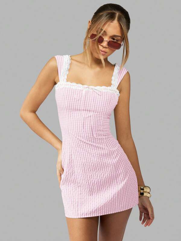 MISSGUIDED Square Neck Gingham Check Mini Dress Features Lace Trim