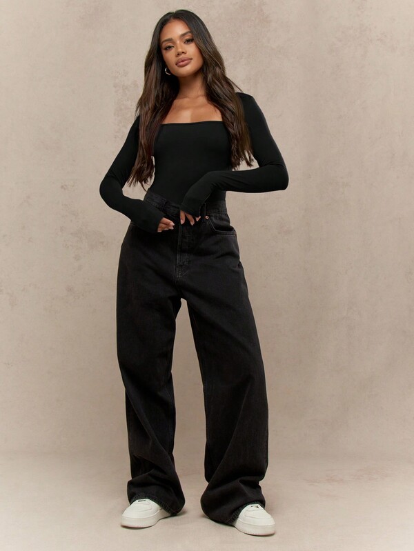 MISSGUIDED Square Neck Long Sleeve Form Fitting Bodysuit
