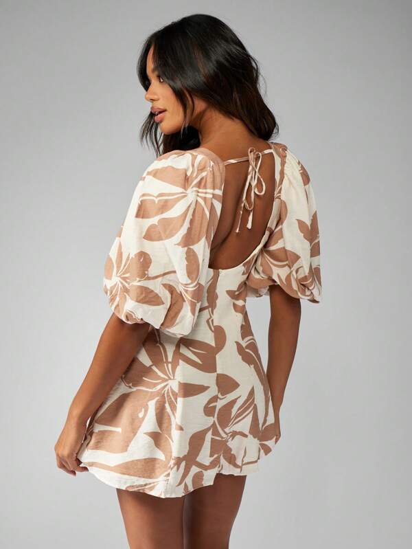 MISSGUIDED Square Neck Puff Sleeve Botanical Print Mini Dress