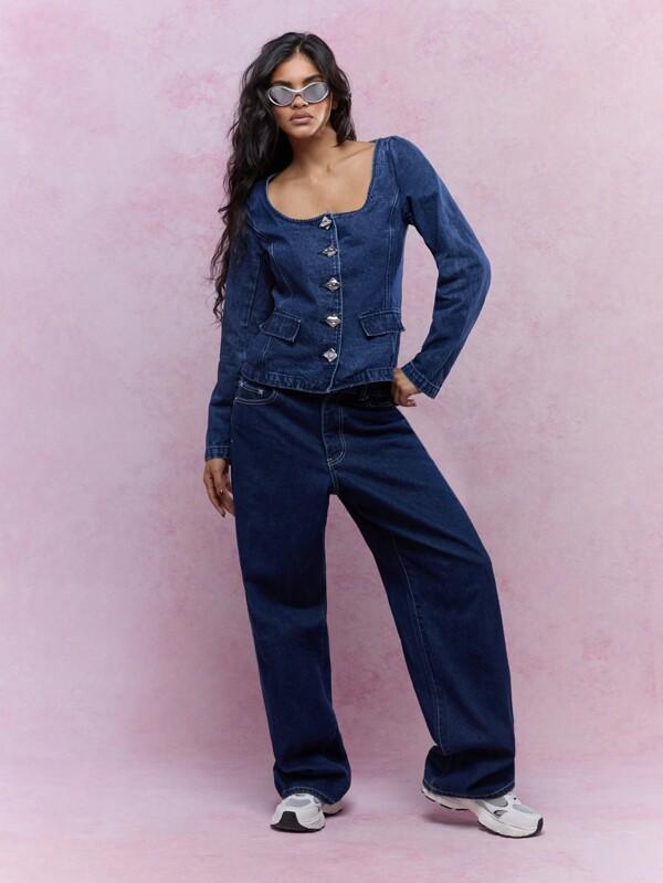 MISSGUIDED Statement Button Scoop Neck Long Sleeves Denim Jacket Winter Wear