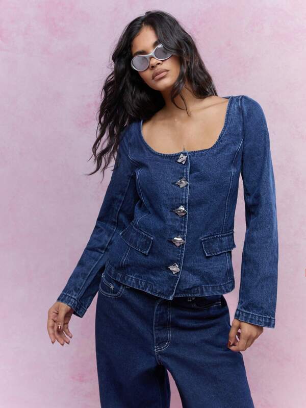 MISSGUIDED Statement Button Scoop Neck Long Sleeves Denim Jacket Winter Wear