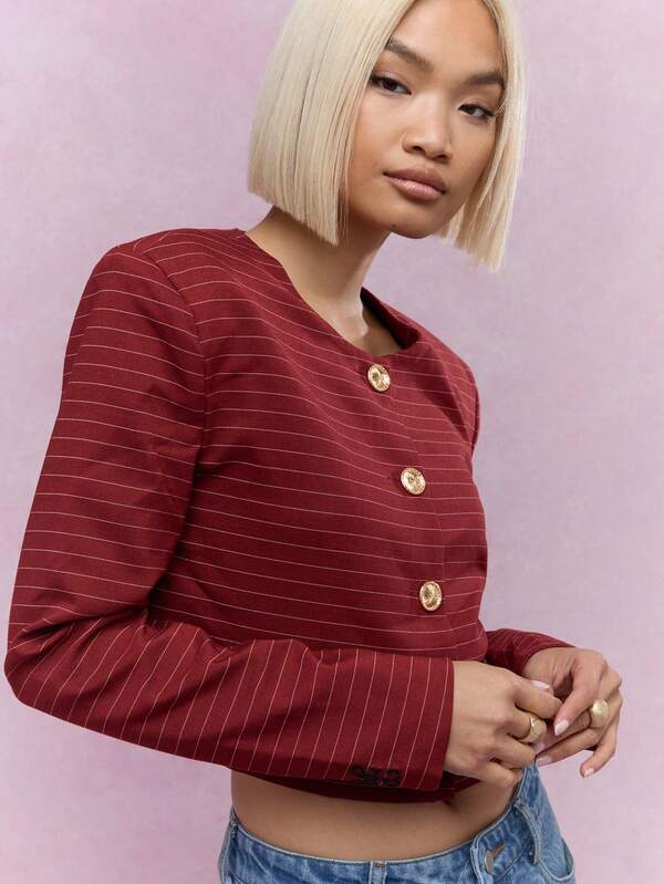 MISSGUIDED Statement Button Striped Collarless Crop Jacket