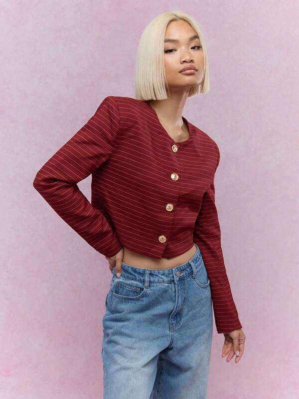 MISSGUIDED Statement Button Striped Collarless Crop Jacket