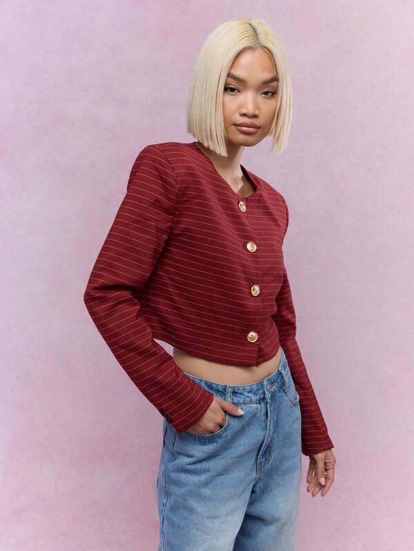 MISSGUIDED Statement Button Striped Collarless Crop Jacket