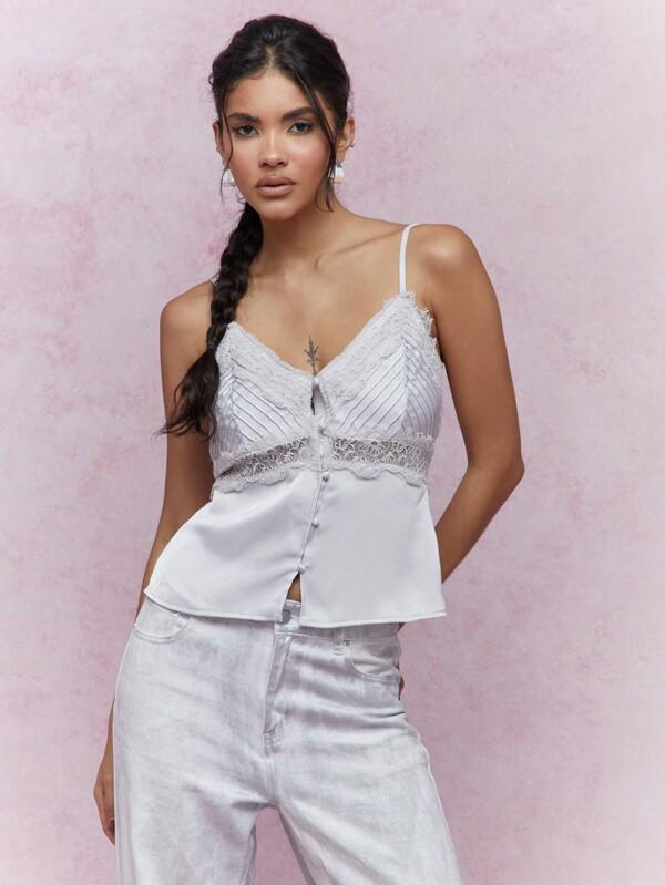 MISSGUIDED Stitching Detail Bust Button Through Lace Cami Top