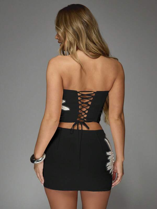 MISSGUIDED Strapless Bandeau Corset Set With Embellished Mini Skirt