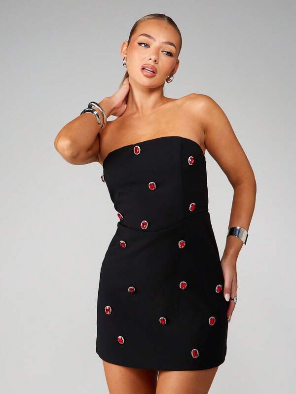MISSGUIDED Strapless Bandeau Mini Dress With Crystal Buttons