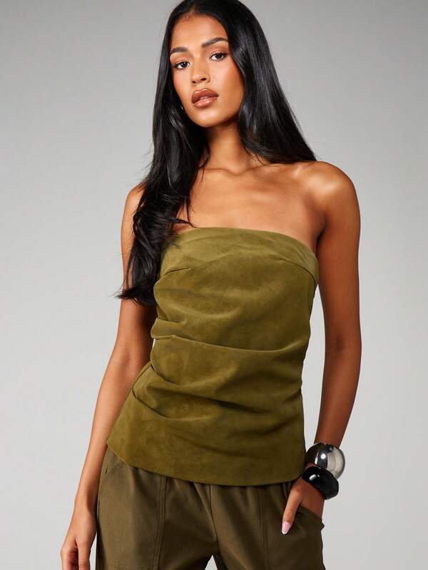 MISSGUIDED Strapless Bandeau Top With Pleated Suede