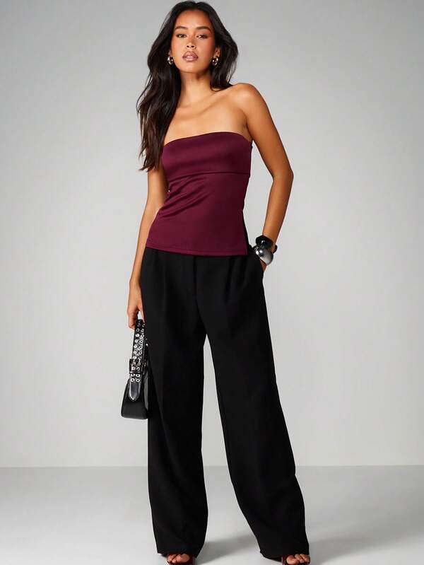 MISSGUIDED Strapless Burgundy Bandeau Top With Fitted Silhouette