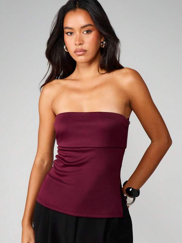 MISSGUIDED Strapless Burgundy Bandeau Top With Fitted Silhouette