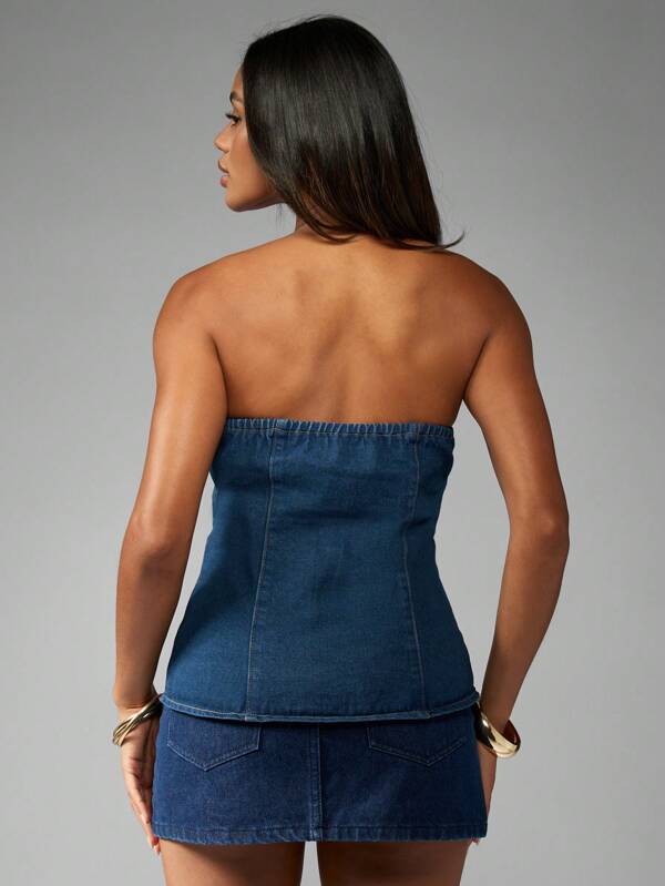 MISSGUIDED Strapless Button Front Bandeau Denim Top