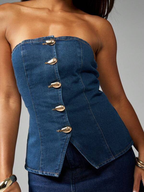 MISSGUIDED Strapless Button Front Bandeau Denim Top