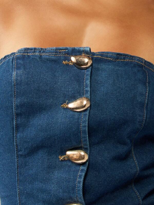 MISSGUIDED Strapless Button Front Bandeau Denim Top