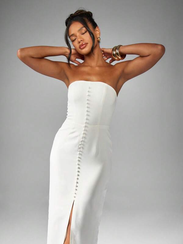 MISSGUIDED Strapless Button Front Maxi Dress With Front Slit