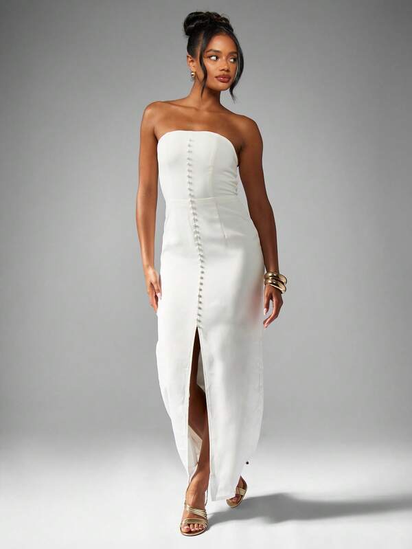 MISSGUIDED Strapless Button Front Maxi Dress With Front Slit